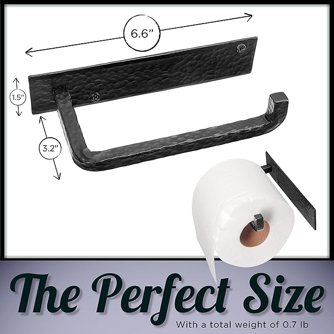 Wrought Iron Toilet Paper Holder – Rustic Wall-Mount Tissue Holder for Bathroom – Vintage Farmhouse Style - 6.6 x 3.2 Inches (Black)