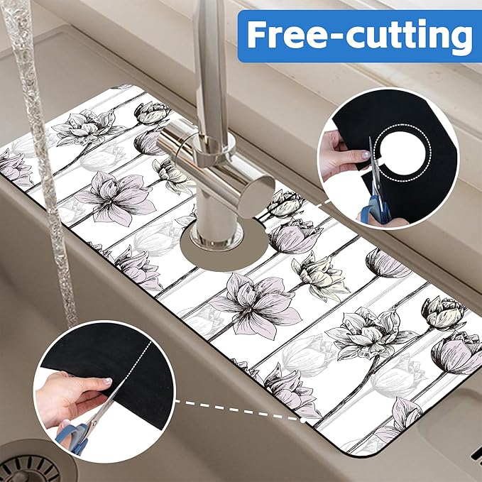 Water Lily Flower Kitchen Sink Splash Guard Mat Absorbent Fast Drying Mat Faucet Draining Mat Sink Splash Guard Behind Faucet Drip Catcher for Kitchen Bathroom 5.5"×15"