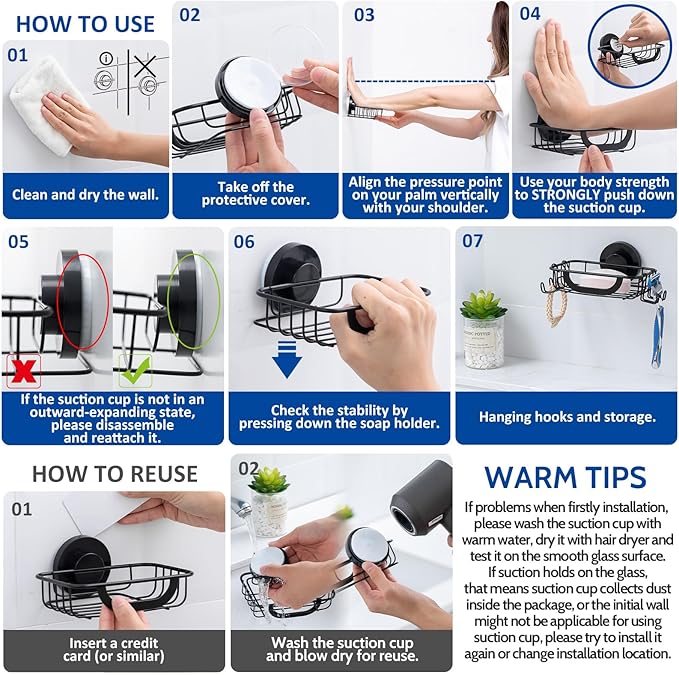 Soap Dish Bar Soap Holder Suction Cup with 4 Hooks, Stainless Steel Soap Saver Tray for Shower Wall, Bathroom, Kitchen, Rustproof Drill-Free Soap Bar Holder, Black