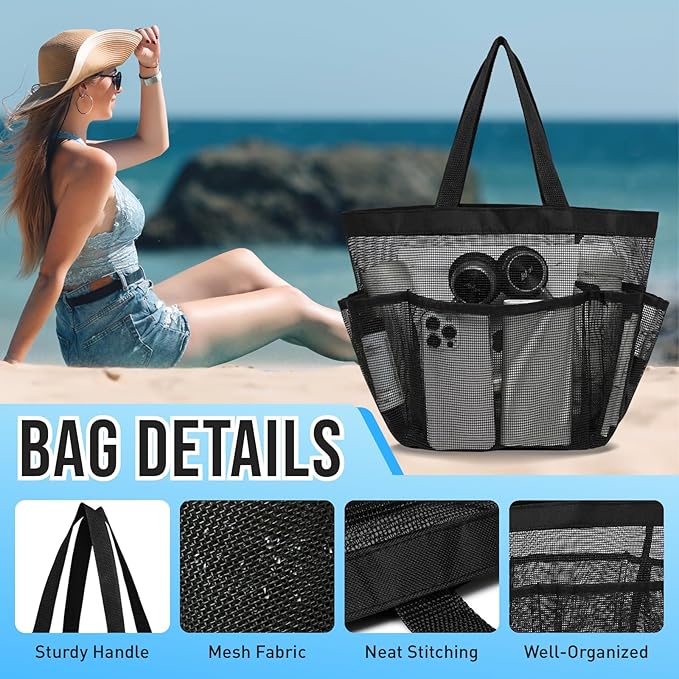 Mesh Shower Caddy Portable, Shower Tote Bag for Dorm Room Essentials, 8 Pockets Large Shower Basket for College Gym Beach Camping (1, Black)