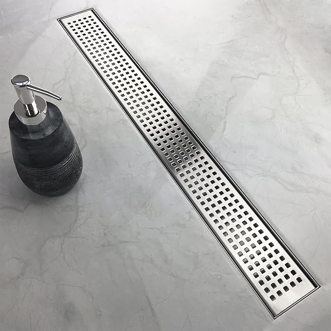 Neodrain 36-Inch Offset Side Outlet Linear Shower Drain with Quadrato Pattern Grate Cover, Brushed 304 Stainless Steel Rectangle Shower Floor Drain, with Leveling Foot, Hair Strainer Catcher