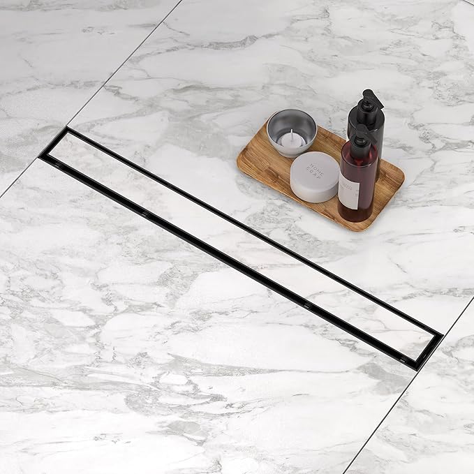Linear Shower Drain, Linear Drains .30 Inch Shower Trench Drain with 2-in-1 Flat Cover & Inser Cover,304 Stainless Rectangle Steel Shower Floor Drain with Hair Strainer and Leveling Feet(Black, 30 in)