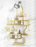 YASONIC Never Rust Shower Caddy Hanging Organizer - Aluminum Over-the-Showerhead Rack With 10 Hooks for Razor/Sponge and Soap Basket - Gold