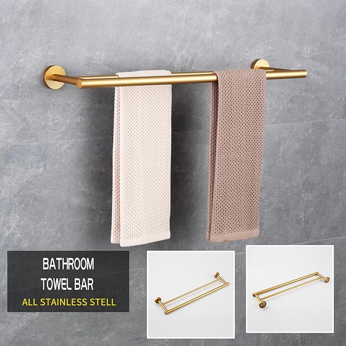 GERZWY Bathroom Double Towel Bar 24-Inch Gold Stainless Steel Modern Round Style Bath Hand Towel Rack Wall Mount