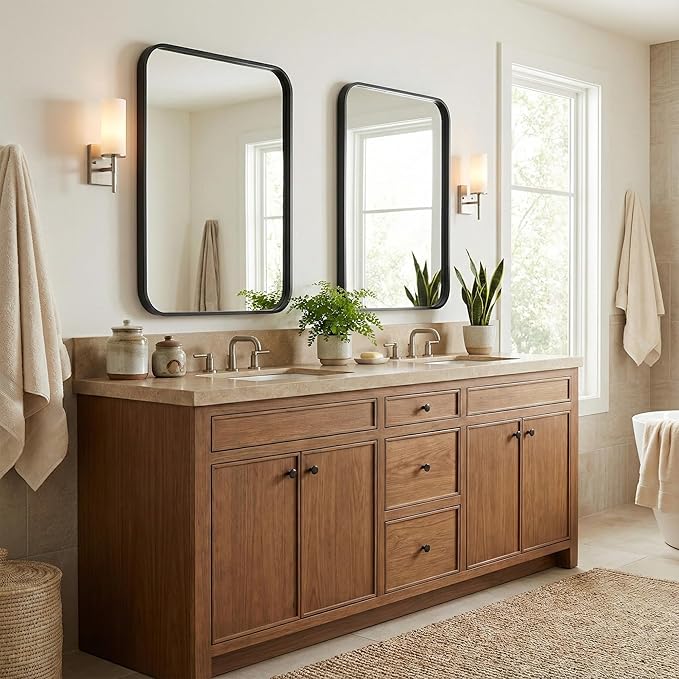 2 Pack Bathroom Mirrors for Over Sink, 24"x36" Matte Black Framed Vanity Mirror, Rounded Corner Rectangular Metal Mirror for Wall, Modern Farmhouse Industrial Decor