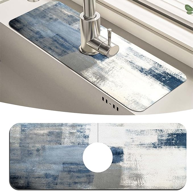 MCALK Blue Kitchen Sink Faucet Mat Splash Guard, Absorbent Quick-Dry Kitchen Sink Mat - Ideal for Splash Guard & Drip Catching with Abstract Art Decor( 1pc 15"x5.5")