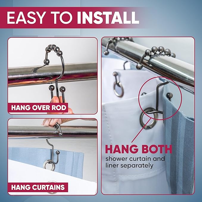 Shower Curtain Hooks Rust Proof (Set of 12) - Stainless Steel Shower Curtain Rings - Anti Slip Roller Balls for Easy Glide (Double Anchor Hooks, Bronze)