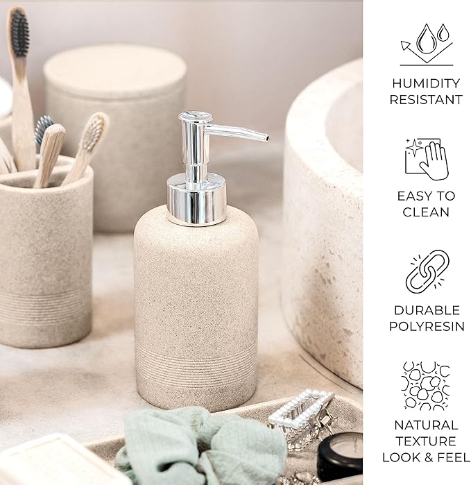 ZCCZ Beige Bathroom Accessories Set 6 Pieces - Toothbrush Holder, Lotion Dispenser, Qtip Container, Vanity Tray, Tumbler - Countertop Organizer for Bathrooms - Elegant and Functional Décor Set