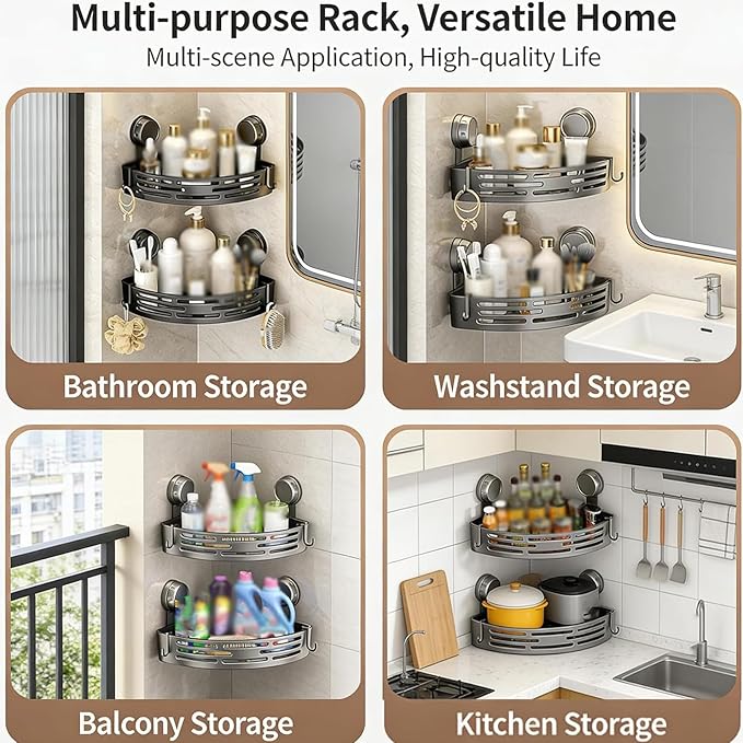 Triangle Suction Cup Shower Caddy, No-Drill Bathroom Corner Shelf, Small Bathroom Storage Cabinet, Easy To Install, Heavy-Duty Strong Hold Shower Storage Rack For Shampoo & Soap (Black*3)