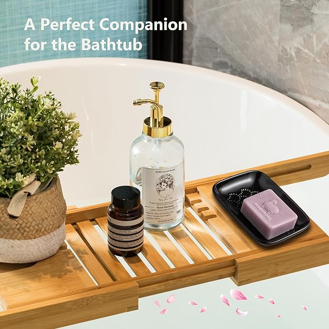 Gomakren Ceramic Soap Dish with Raised Scalloped Design, Versatile Soap Holder & Tray for Bathroom and Kitchen Sink, Prevents Soggy Soap, Rustic Modern Decor, Easy to Clean, Black (5.59" x 4.02")