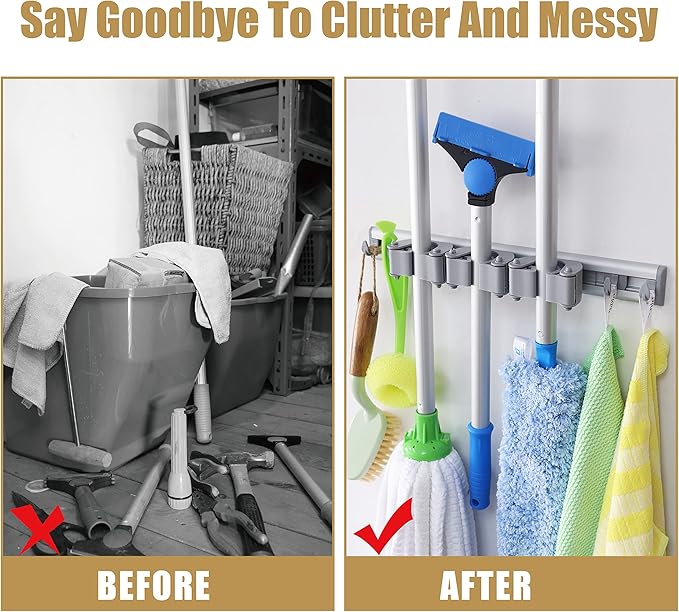 DrDirt Broom Holder Wall Mount – Heavy Duty Aluminum Mop and Broom Organizer with 3 Slots & 4 Hooks, Strong Wall Mounted Storage for Kitchen, Bathroom, Laundry Room, Garage, Closet