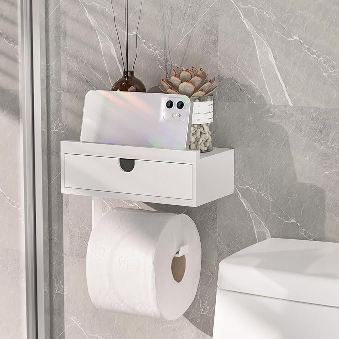 Domax Compact 7.36" Bamboo Toilet Paper Holder with Shelf and Storage Drawer - Wall Mount or Adhesive Bathroom Organizer for Tampons, Small Items, Space-Saving Design, White