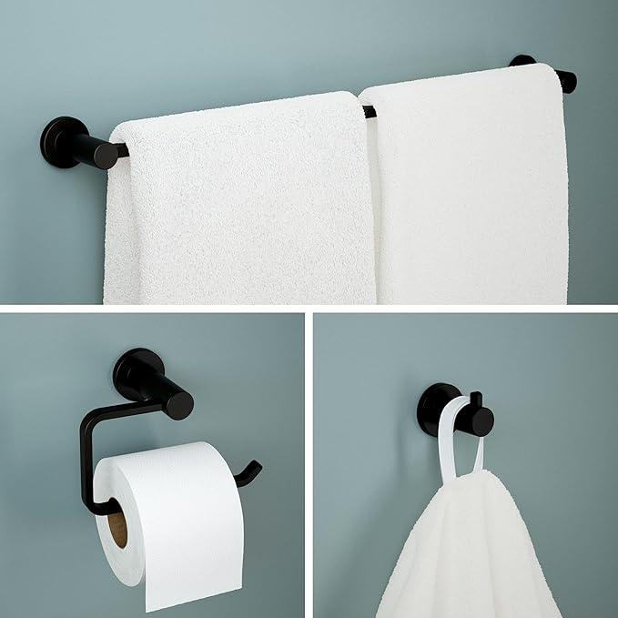 Franklin Brass Kildare 3-Piece Bathroom Set Matte Black 18" + 6" Towel Rack, Toilet Paper Holder/Hand Towel Holder, Hook | 3-Piece Bath Hardware Accessories Set KLD63-MB