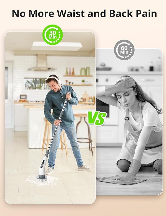 Electric Spin Scrubber, Cordless Bathroom Cleaning Brush for Home, 420PRM Shower Scrubber with 8 Replaceable Head, 3 Speeds, Adjustable Long Handle for Bathroom, Bathtub, Car, Kitchens- Grey