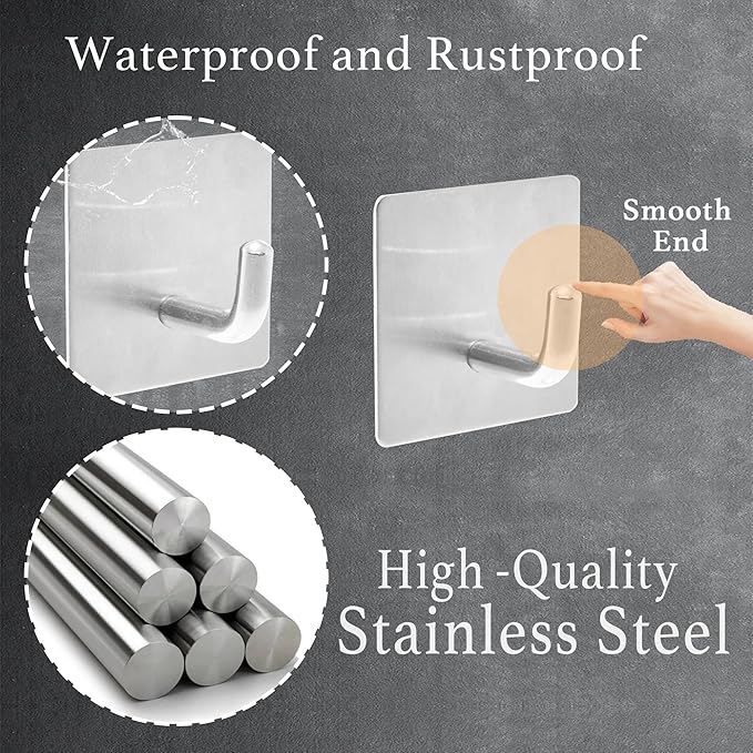 Heavy Duty Self-Adhesive Coat Hooks, Stainless Steel Towel Hooks for Shower, Bags, Towels, Robes, Hats, Aprons – No Drill Bathroom, Kitchen, Hotel Wall Hooks (4 Pack, Silver)