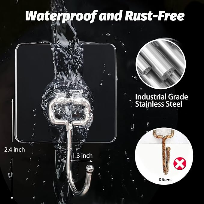 DKHDBD Large Adhesive Hooks, 16-Pack Hold 33lb(Max) Heavy Duty Sticky Hooks, Waterproof Transparent Hooks for Hanging, Self-Adhesive Traceless Clear Wall Hooks to Use for Keys Robe & Towel