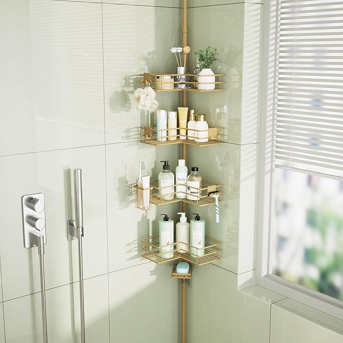 HapiRm Corner Shower Caddy Organizer - Shower Organizer Corner with Soap Holder, Toothbrush Holder and 4 Hooks, Rustproof Bathroom Shelf Tension Pole Available for 27.6 to 108.3 Inch - Gold