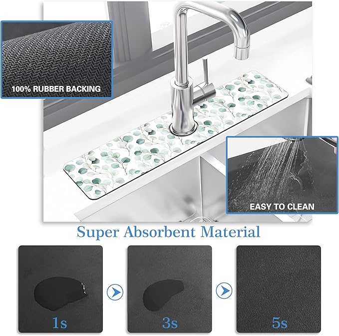 Faucet Mat for Kitchen Sink Watercolor Green Leave Branche, Soft Diatom Mud Material, Strong Water Absorption, Non-slip, Easy to Clean for Bathroom, Kitchen 23.5"X5.5"