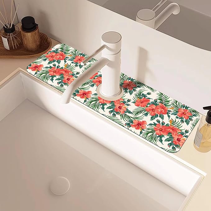 Tropical Leaves and Red Floral Kitchen Sink Splash Guard Mat Absorbent Fast Drying Mat Faucet Draining Mat Sink Splash Guard Behind Faucet Drip Catcher for Kitchen Bathroom 5.5"×15"