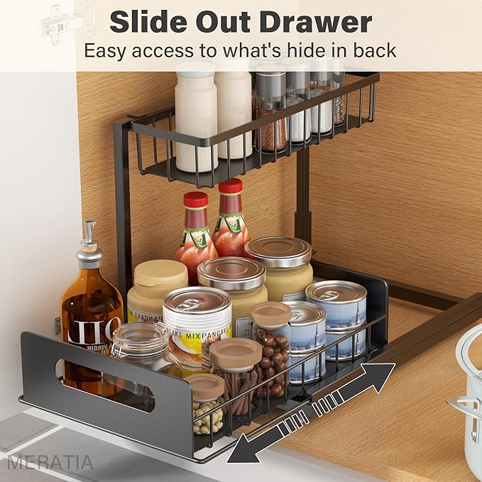 2 Pack Under Sink Organizer, 2 Tier Pull Out Cabinet Organizer,Slide out Metal Cabinet Organizers Multi-Purpose Drawer Shelf for Kitchen Bathroom Pantry Cabinet Closet Organization Rack,Black
