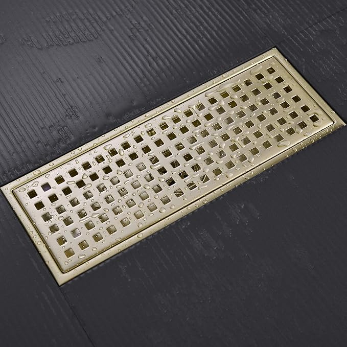 12 inch Stainless Steel Linear Shower Floor Drain with Threaded Adapter, Removable Cover Grid Grate, Brushed Gold Finished