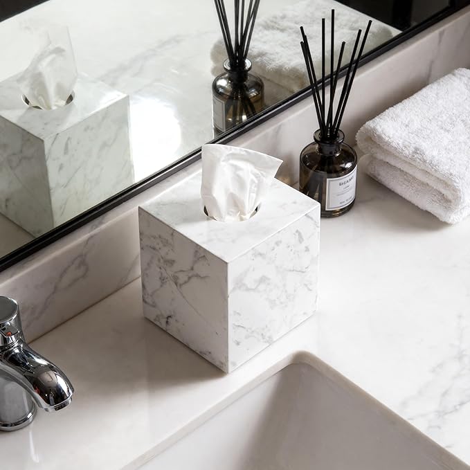 Natural Marble Tissue Box Holder Cover, Square Cube Tissue Box Holder with Open Bottom for Bathroom Vanity Tops, Bedroom Dressers, Kitchen Countertop, White Tissue Box(NS021)