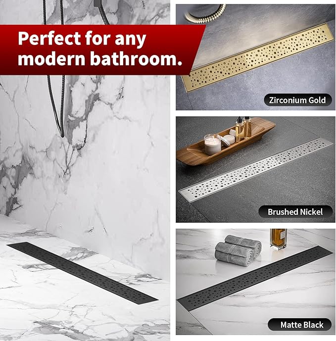 Sharp-tec Shower Drain, 28 inch Linear Shower Drain, Matte Black 304 Stainless Steel Rectangular Shower Floor Drain with Adjustable Leveling Feet, Hair Strainer, cUPC Certified, ST-099-28B