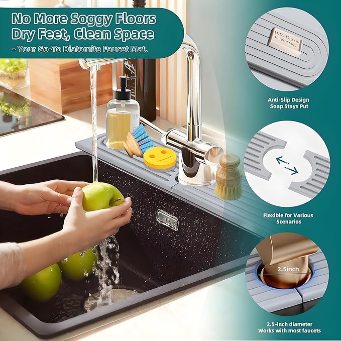 Diatomite Stone Faucet Mat for Kitchen Sink(23.6" x 3.9")- Super Absorbent & Quick-Drying Sink Faucet Mat, Durable Kitchen/Bathroom Sink Protector Sink Stone Quick Dry Around Faucet Christmas Gifts