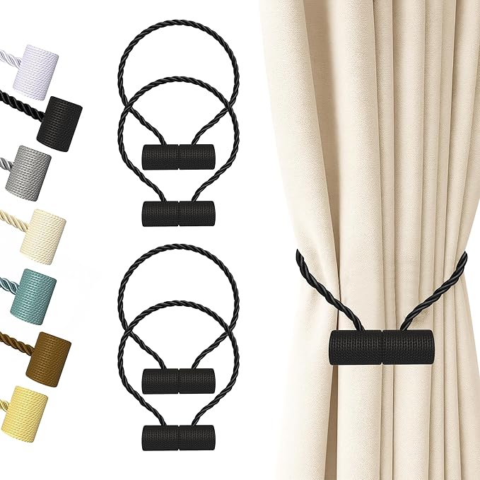 Hion Magnetic Curtain Tiebacks Black 4 Pack, Curtain Tiebacks Buckles Holdbacks Holders Hooks Clip for Home Bedroom Office Decorative Thick or Thin Curtain