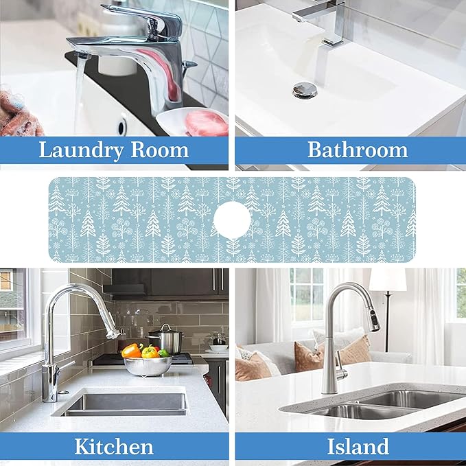 Winter Fir Tree Faucet Mat for Kitchen Sink Fir Trees Bushes Snow, Soft Diatom Mud Material, Strong Water Absorption, Non-slip, Easy to Clean for Bathroom, Kitchen 23.5"X5.5"