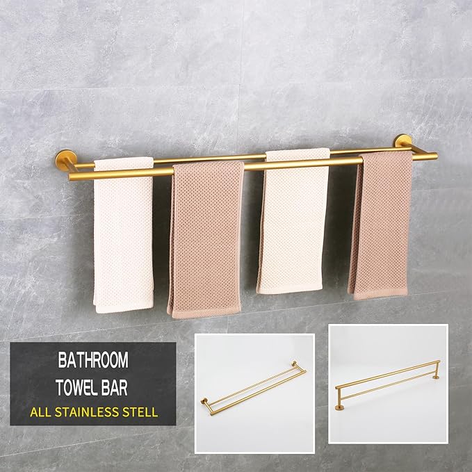 GERZWY 36-Inch Bathroom Double Towel Bar Gold Stainless Steel Towel Rack Wall Mounted Bath Towel Rod