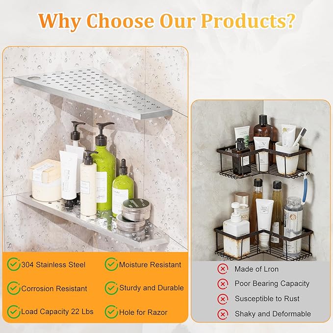 12" Corner Shower Shelf 2-Pcs, Rustproof 304 Stainless Steel Corner Shower Shelves with Razor Holder Slot Design Recessed Bathroom Shower Shelf for Tiled Wall (Brushed Silvery)