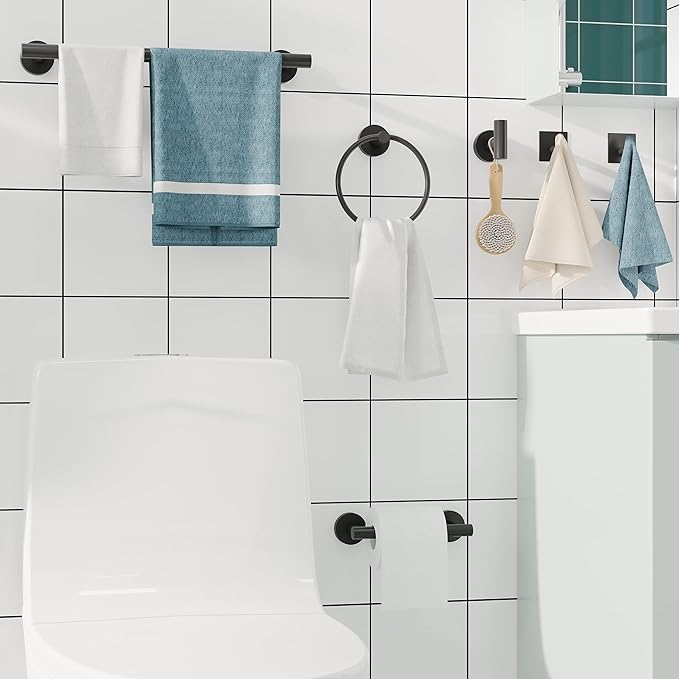 6 PCS Bathroom Hardware Set, Including 16" Hand Towel Bar, Toilet Paper Holder, Towel Ring, Robe Towel Hooks, Bathroom Accessories Kit(Matte Black)
