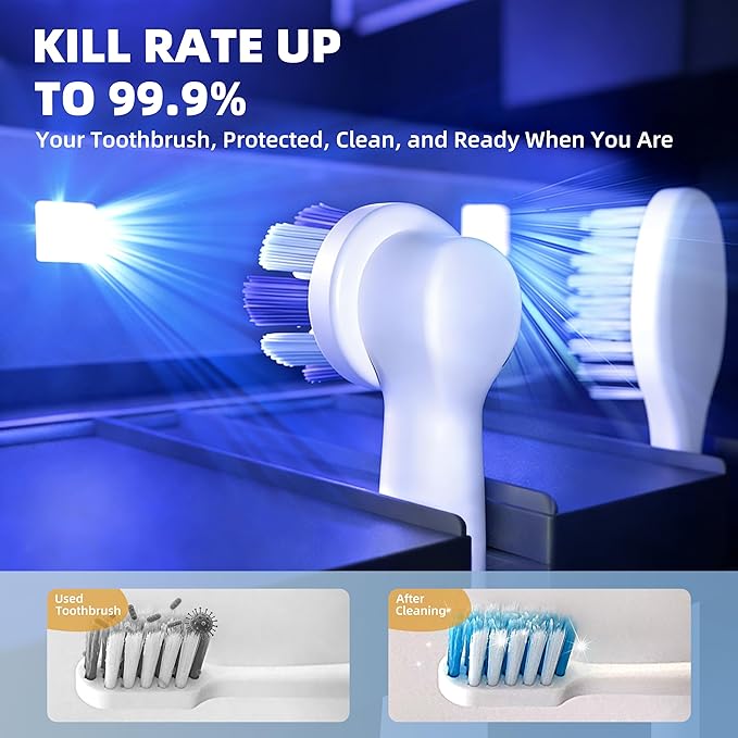 UV Toothbrush Sanitizer Holder(2 Slots, White)-Rechargeable Wall-Mount with Heated Fan Drying, LED Smart Screen, for Bathroom & Travel