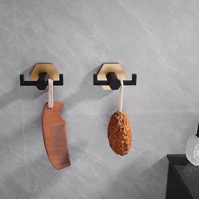 GERZWY Stainless Steel Coat/Robe Clothes Hook for Bath Kitchen, Bathroom Double Towel Hook Wall Mounted 2 Pack (Black & Gold)