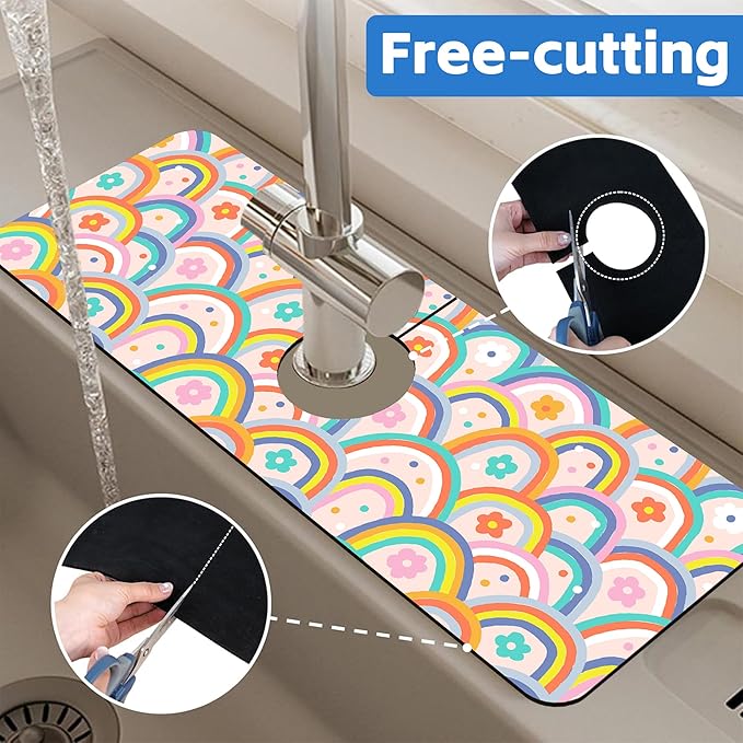 Boho Rainbow Hippie Floral Kitchen Sink Splash Guard Mat Absorbent Fast Drying Mat Faucet Draining Mat Sink Splash Guard Behind Faucet Drip Catcher for Kitchen Bathroom 5.5"×15"
