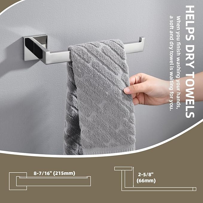 Suyar Polished Chrome Bathroom Hardware Set 4 Pieces, 304 Stainless Steel Bathroom Accessories, Include Robe Hook, Toilet Paper Holder, Hand Towel Holder, Bath Towel Bar
