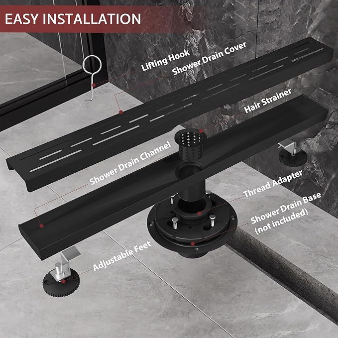 12 Inch Linear Shower Drain, Matte Black Shower Drain,Removable Grate, 304 Stainless Steel, Easy to Install and Clean for Bathrooms (Drain Base Not Included),LSD-01A-12B