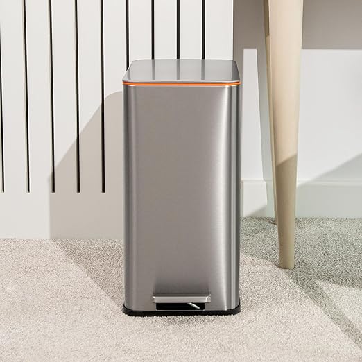 RED FACTOR Slim 2.6 Gallon Stainless Steel Pedal Trash Can with Soft Close Lid for Narrow Spaces – Wastebasket Bin with Removable Inner Bucket for Bathroom, Kitchen, Bedroom or Office (Metallic Gray)
