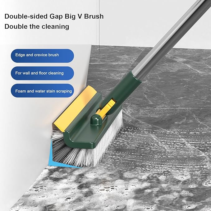 2 in 1 Floor Brush Scrubber, 180 Degree Rotating Long Handle Grout Brush Stiff Bristle Tile Brush for Cleanse Bathroom Kitchen (Green)
