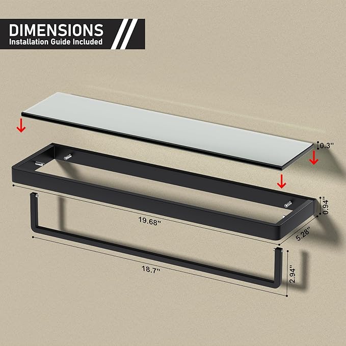 Floating Glass Shelves for Bathroom 20-in with Towel Bar/Tempered Glass Rectangular 1 Tier Organizer Shelf (Matte Black, 20'')