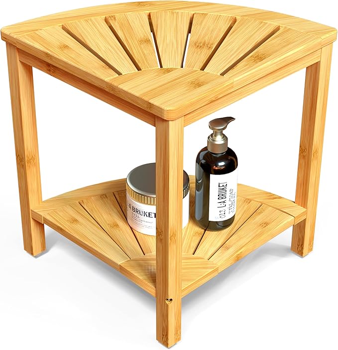 Zhuoyue Bamboo Corner Shower Stool Bench Waterproof with Storage Shelf, for Shaving Legs or Seat in Bathroom & Inside Shower