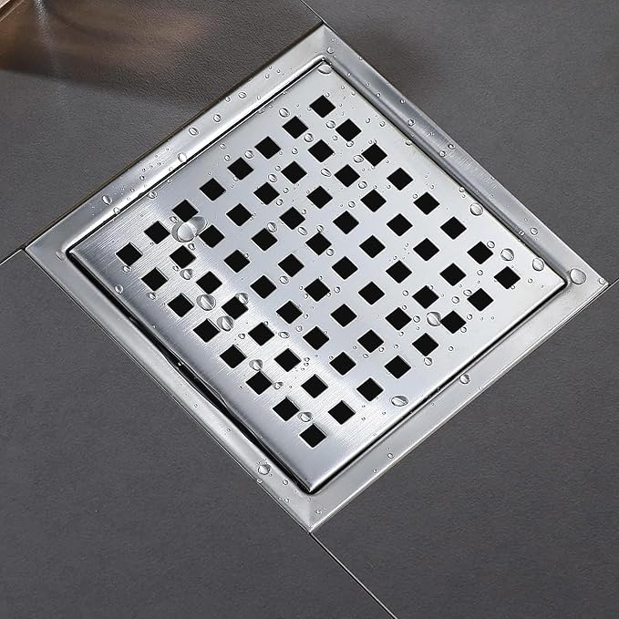 4 Inch Square Shower Floor Drain, Shower Drain Kit with Flange, Square Shower Drain, SUS 304 Stainless Steel Floor Drain,Silver
