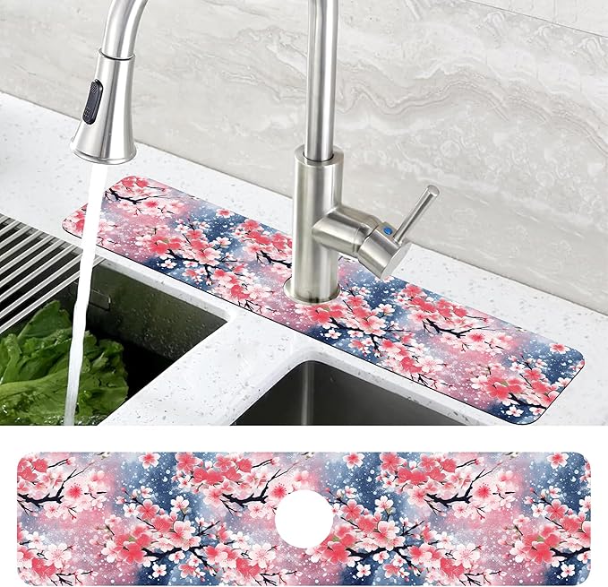 Japanese Pink Cherry Blossoms Dish Drying Mat for Kitchen Sink Splash Guard Behind Faucet Sink Mat Absorbent Fast Drying Faucet Draining Mat for Bathroom Kitchen 5.5"×24"