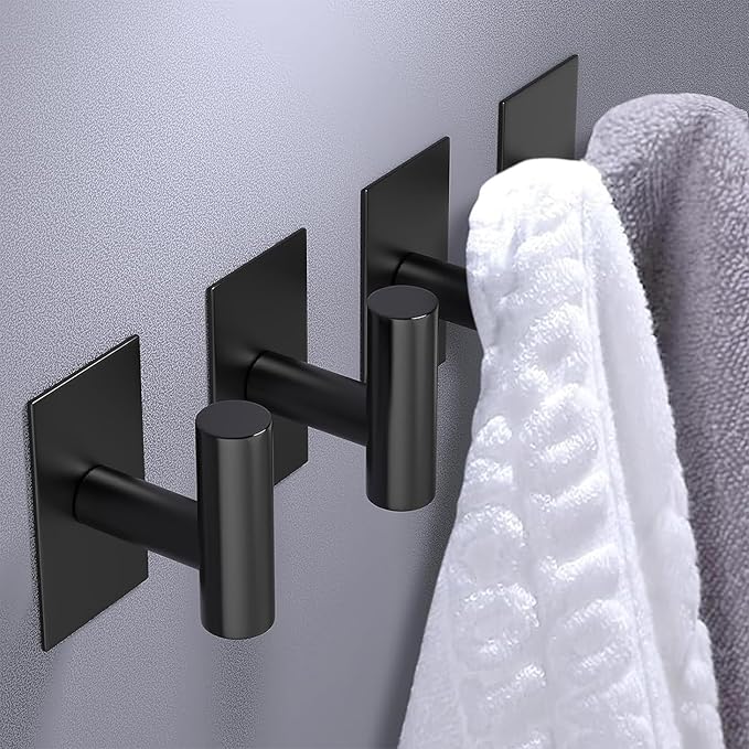 PMMASTO Adhesive Hooks, Stainless Steel Sticky Hooks for Hanging, Self Adhesive Shower Wall Hooks, Towel Hooks Heavy Duty for Bathroom, Bedroom RV and Kitchen- 2 PC (Black)