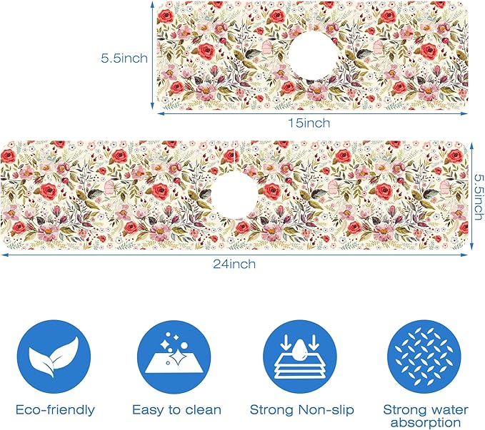 Abstract Red Pink Floral Dish Drying Mat for Kitchen Sink Splash Guard Behind Faucet Sink Mat Absorbent Fast Drying Faucet Draining Mat for Bathroom Kitchen 5.5"×24"