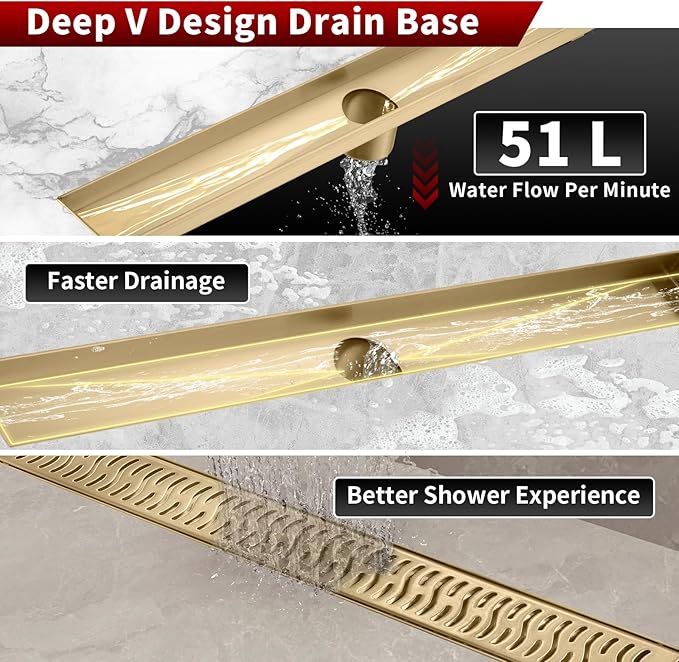Sharp-tec Linear Shower Drain, 28inch Shower Drain with Removable Pattern Cover, Brushed Gold 304 Stainless Steel Rectangle Floor Drain, Adjustable Feet and Hair Strainer Included