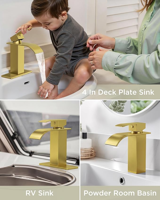 FORIOUS Brushed Gold Waterfall Bathroom Faucets 1 or 3 Hole, Vanity Single Bathroom Sink Faucet with cUPC Supply Line and Pop Up Drain, Suitable for Basin, Rv, Restroom Sink
