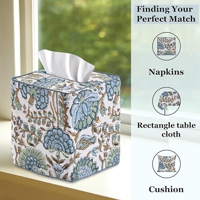Ridhi Asparagus Green Block Print Tissue Box Cover Handmade Cotton Fabric Decorative Square Napkin Holder for Home Bedroom Living Room Bathroom Vanity Countertop Car Night Stands Office Kitchen