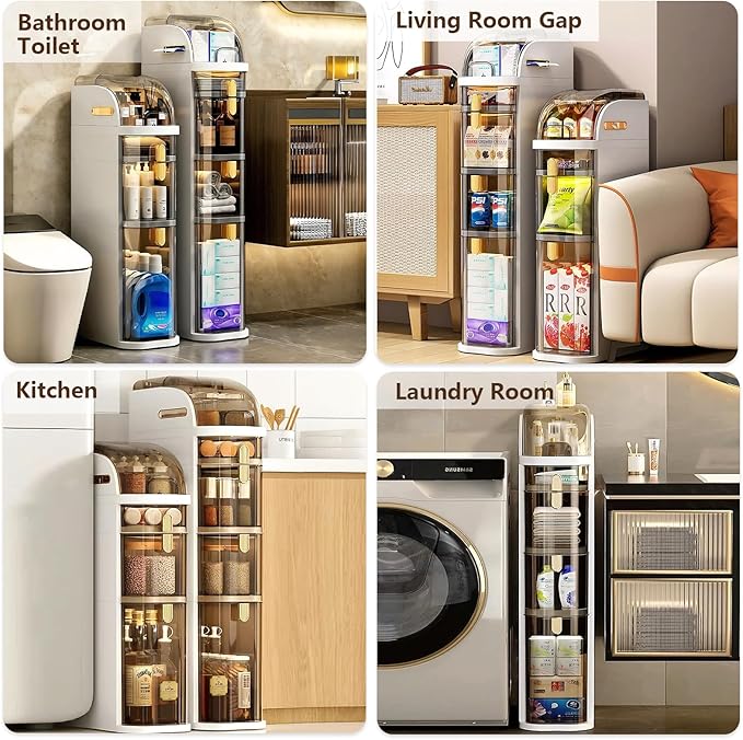 4-Tiers Narrow Bathroom Floor Storage Cabinet 7.1″ Plastic Drawers Organizer with Tissue Box and Wheels Slim Waterproof Bathroom Cabinet for Small Kitchen Laundry Living Room Toilet Gap